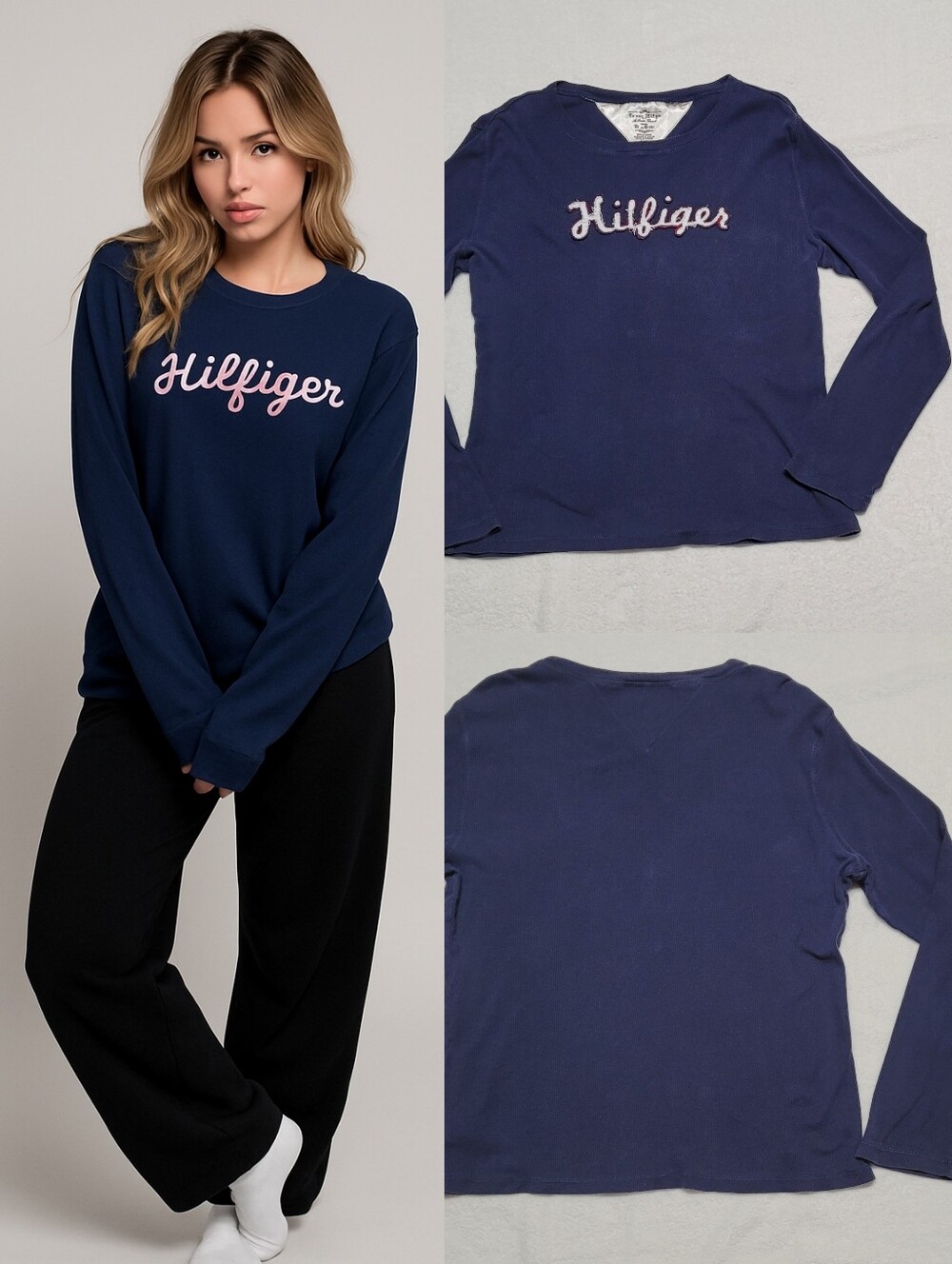 Tommy Hilfiger Vintage Navy Blue Ribbed Distressed Embroidered Long Sleeve Tee